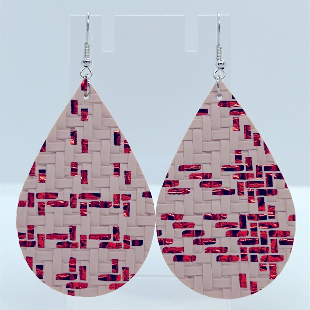 Faux Leather Dangle Earrings Red/Peach Fashion Jewelry - Picture 5 of 5